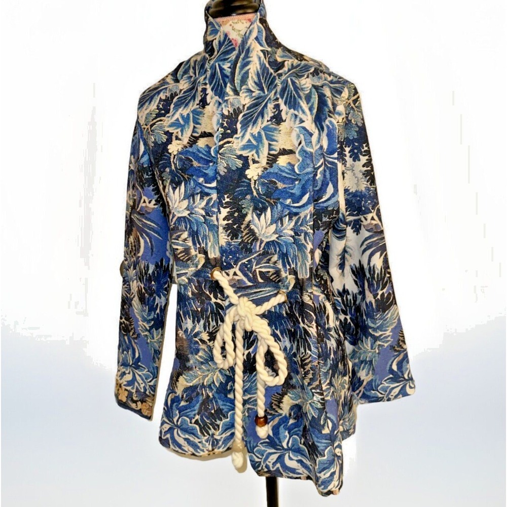 PatBo‎ Floral  Blue Inverno Jacket Open Face L/S Rope Beaded Tie NWT Size 8 Rare
